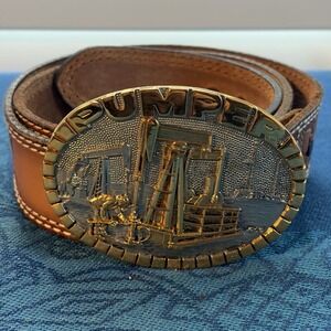Vtg Award Design  Medals Oil Pumper Brass Buckle +Tony Lama Leather Belt Sz 36